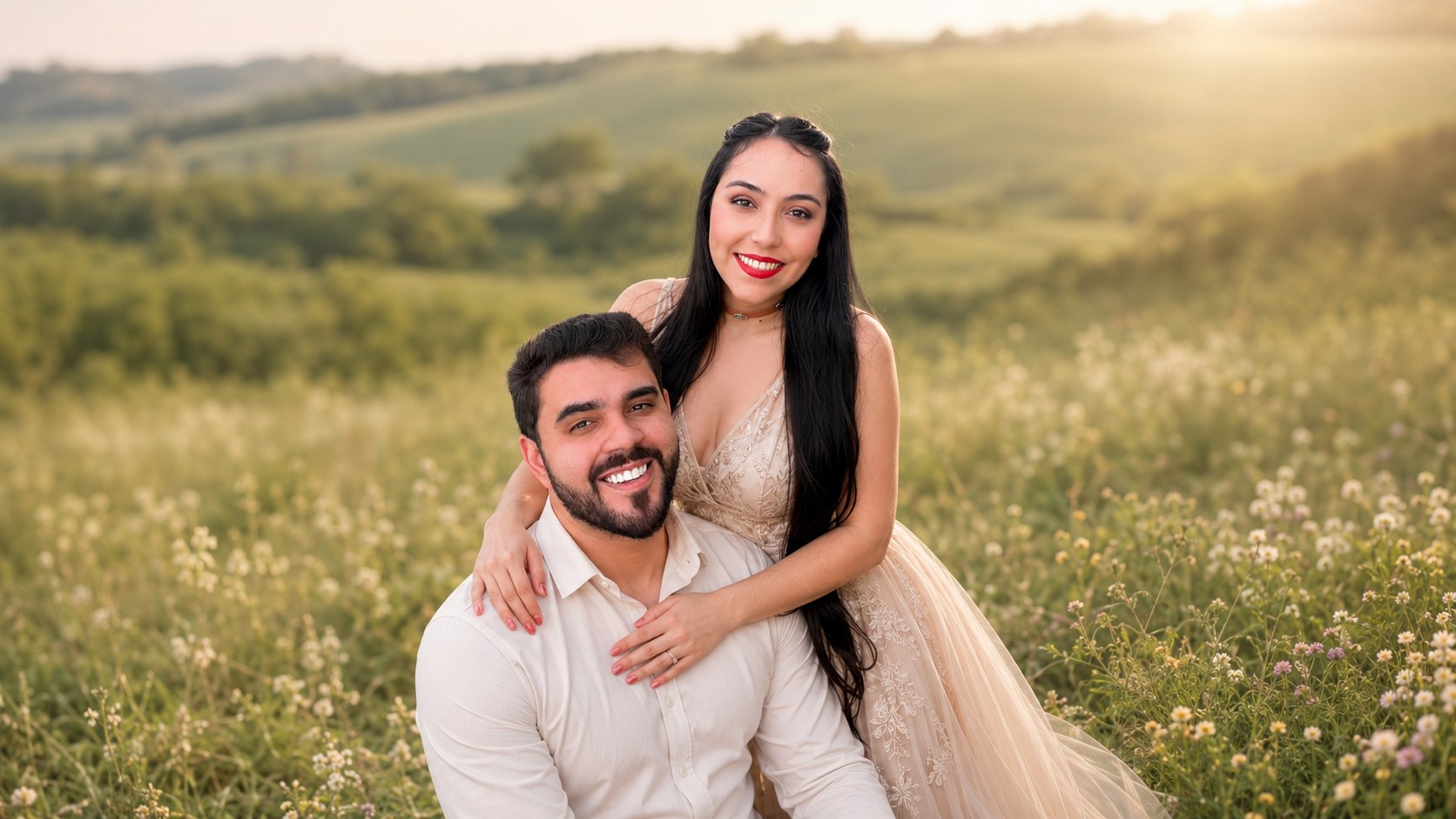 Ana Carolina e Jonatan em um campo ao pôr do sol